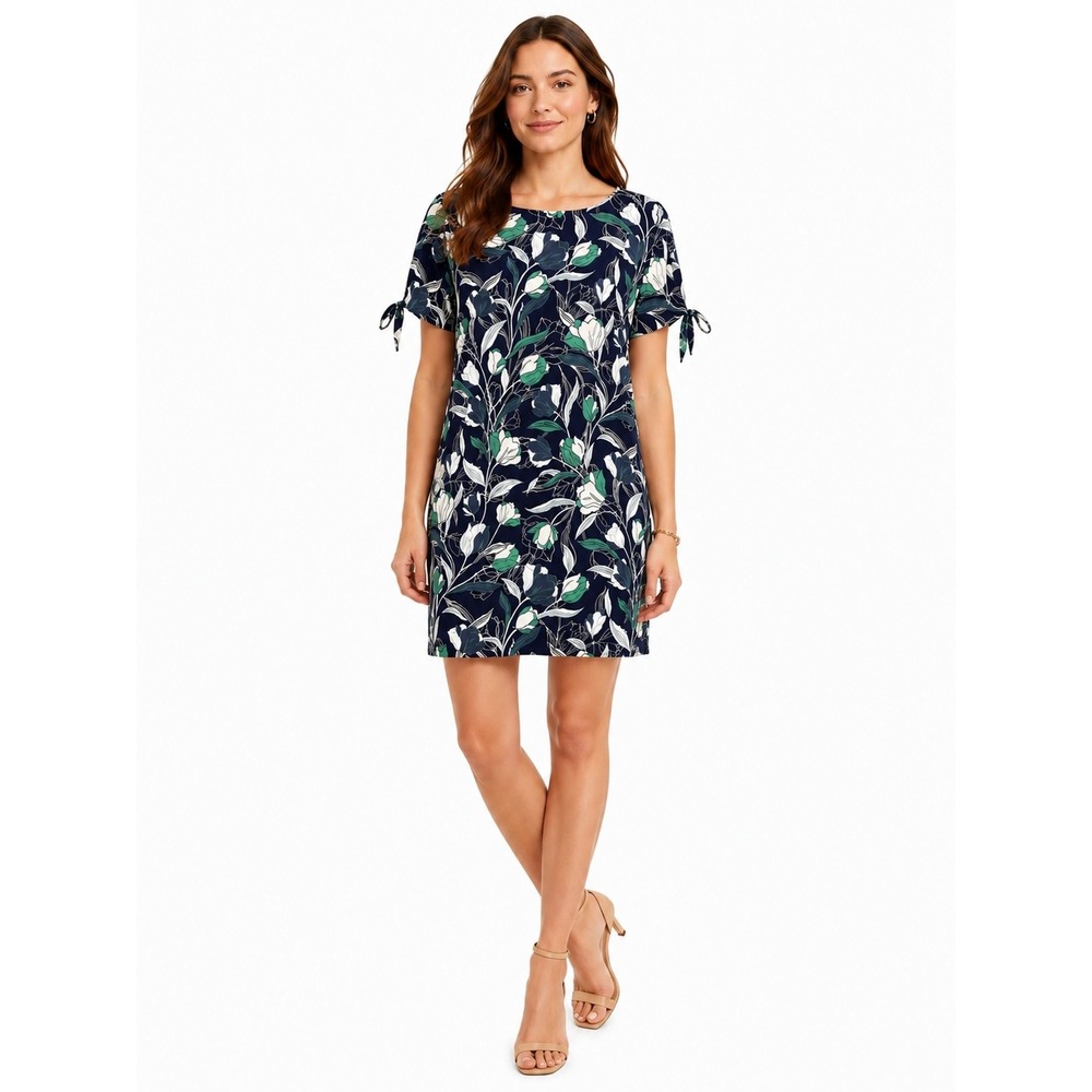 Banana Republic Medium M Navy Floral Tie Sleeve Keyhole Button Crepe Shift Dress